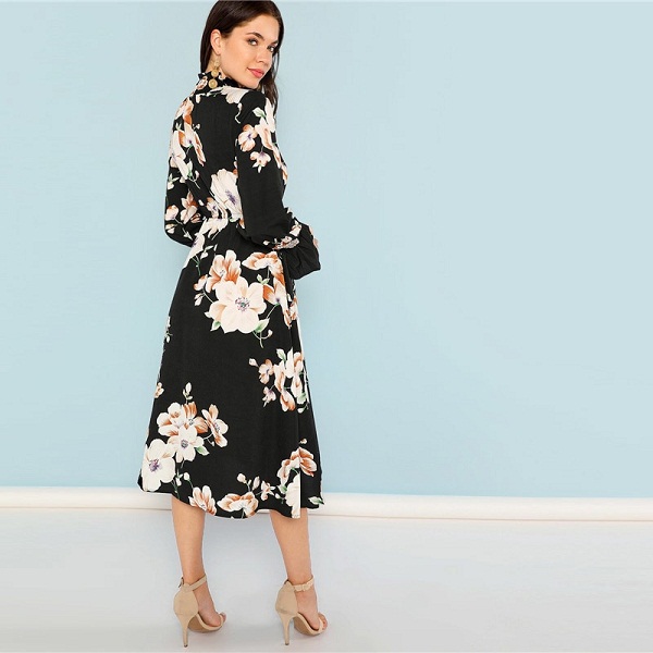 Black Print Mock Neck Pleated Panel Floral Dress - Image 2