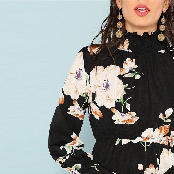 Black Print Mock Neck Pleated Panel Floral Dress - Image 3