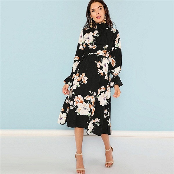 Black Print Mock Neck Pleated Panel Floral Dress