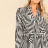 Black and White Notch Neck Belted Striped Shirt Dress - Image 5