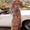 Half Sleeve Plunging Printed Split Boho Maxi Dress - Image 4