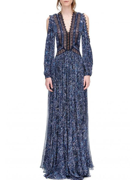 Chiffon Maxi Dress Boho Long Sleeve V Neck Pom Poms Printed Party Dress - Image 2