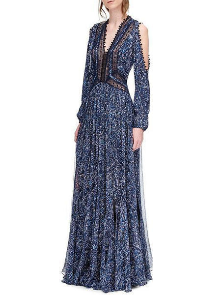 Chiffon Maxi Dress Boho Long Sleeve V Neck Pom Poms Printed Party Dress - Image 3