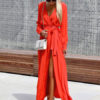Chiffon Maxi Dress Long Sleeve V Neck Solid Color Fall Dress - Image 3