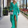 Chiffon Maxi Dress Long Sleeve V Neck Solid Color Fall Dress - Image 5