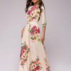 Floral Maxi Dress Half Sleeve Round Neck Tie Waist Ecru White Dress