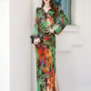Floral Maxi Dress Long Sleeve Dress V Neck Split Gree Tropical Dress