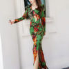 Floral Maxi Dress Long Sleeve Dress V Neck Split Gree Tropical Dress - Image 2