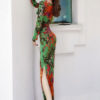 Floral Maxi Dress Long Sleeve Dress V Neck Split Gree Tropical Dress - Image 3