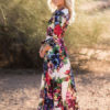 Floral Maxi Dress V Neck Matte Satin Sash Dress - Image 2