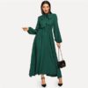 Green Lantern Sleeve Tied Neck Cotton Dress