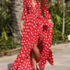 Long Sleeve Maxi Dress Plunging Polka Dot Split Party Dress