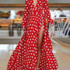 Long Sleeve Maxi Dress Plunging Polka Dot Split Party Dress - Image 2