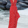 Long Sleeve Maxi Dress Plunging Polka Dot Split Party Dress - Image 3