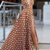 Long Sleeve Maxi Dress Plunging Polka Dot Split Party Dress - Image 4