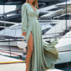 Long Sleeve Maxi Dress V Neck Party Dress Split Casual Dress - Image 2
