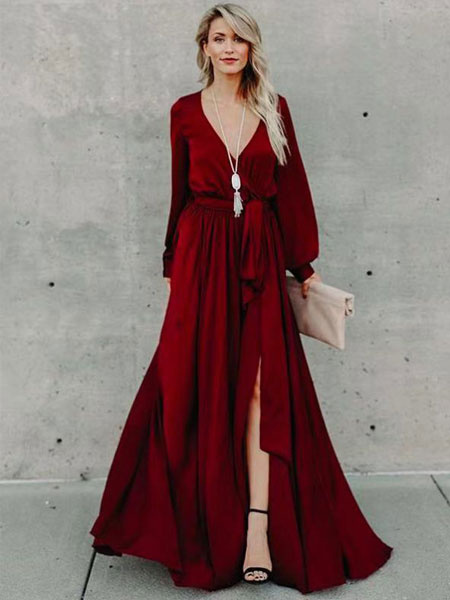 Long Sleeve Maxi Dress V Neck Tie Waist Split Party Dress