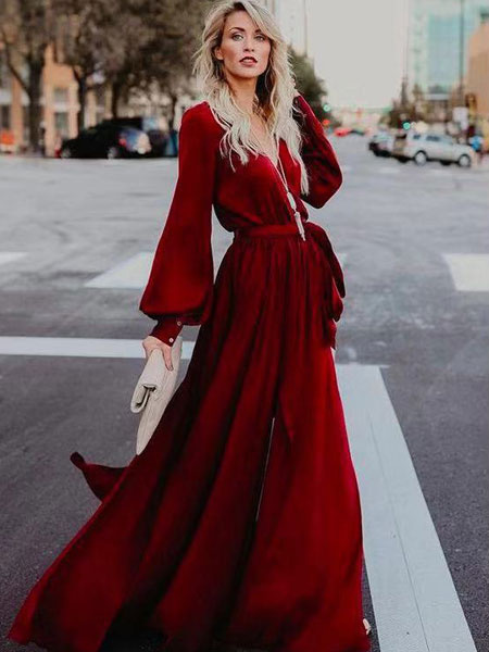 Long Sleeve Maxi Dress V Neck Tie Waist Split Party Dress - Image 2