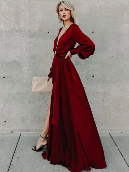Long Sleeve Maxi Dress V Neck Tie Waist Split Party Dress - Image 3