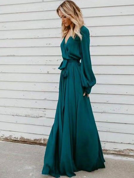 Long Sleeve Maxi Dress V Neck Tie Waist Split Party Dress - Image 4