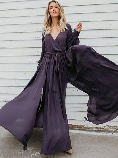 Long Sleeve Maxi Dress V Neck Tie Waist Split Party Dress - Image 5