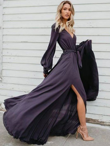 Long Sleeve Maxi Dress V Neck Tie Waist Split Party Dress - Image 6