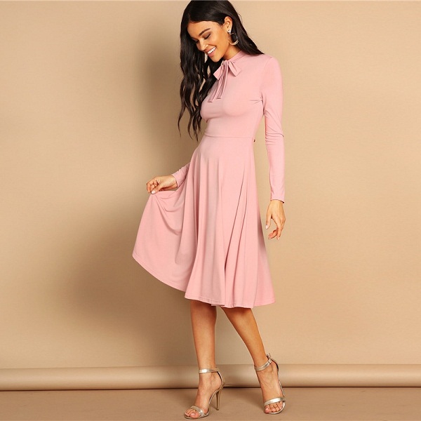 Pink Bow Tie Neck Solid Flowy Slim Fit Dress - Image 2