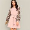 Pink Flower Embroidered Mesh Sleeve Belted A-Line Dress