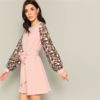 Pink Flower Embroidered Mesh Sleeve Belted A-Line Dress - Image 2