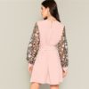 Pink Flower Embroidered Mesh Sleeve Belted A-Line Dress - Image 3