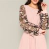 Pink Flower Embroidered Mesh Sleeve Belted A-Line Dress - Image 5