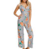 Pinstripe Floral V Neck Back Loose Leg Jumpsuit