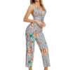 Pinstripe Floral V Neck Back Loose Leg Jumpsuit - Image 2