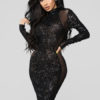 Sequin Long Sleeve Backless Sheer Sexy Bodycon Dress