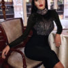 Sexy Party Dress Black Bodycon Dress Long Sleeve High Cillar Feathers Rhinestones Shaping Midi Dress