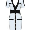 Plunging Short Sleeve Two Tone Shaping Bodycon Dress - Image 5