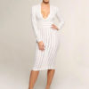 White Party Dress Long Sleeve Bodycon Dress Plunging Shaping Sexy Midi Dress