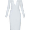 White Party Dress Long Sleeve Bodycon Dress Plunging Shaping Sexy Midi Dress - Image 5