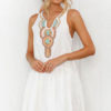 White Summer Dress Boho V Neck Buttons Printed Mini Dress