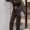 Women Black Jumpsuit Long Sleeve Round Neck Buckle Wide Leg Jumpsuit