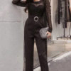 Women Black Jumpsuit Long Sleeve Round Neck Buckle Wide Leg Jumpsuit - Image 2