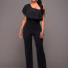 Women Black Jumpsuit Short Sleeve One Shoulder Wide Leg Jumpsuit