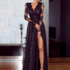 Women Black Long Dress Illusion Sleeves High Split Lace And Chiffon Sexy Dress