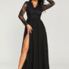 Women Black Long Dress Illusion Sleeves High Split Lace And Chiffon Sexy Dress - Image 2