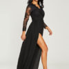 Women Black Long Dress Illusion Sleeves High Split Lace And Chiffon Sexy Dress - Image 3
