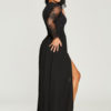 Women Black Long Dress Illusion Sleeves High Split Lace And Chiffon Sexy Dress - Image 4