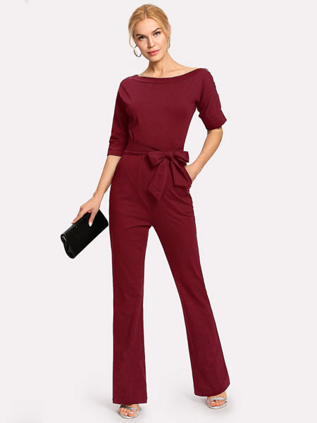 Women Casual Jumpsuit Half Sleeve Bateau Neck Knotted Straight Leg Jumpsuit