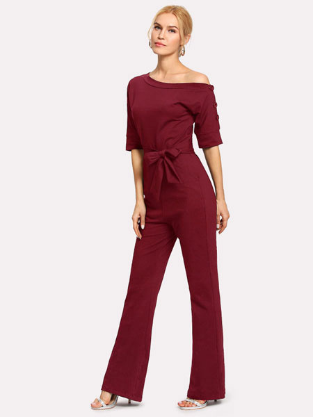 Women Casual Jumpsuit Half Sleeve Bateau Neck Knotted Straight Leg Jumpsuit - Image 2