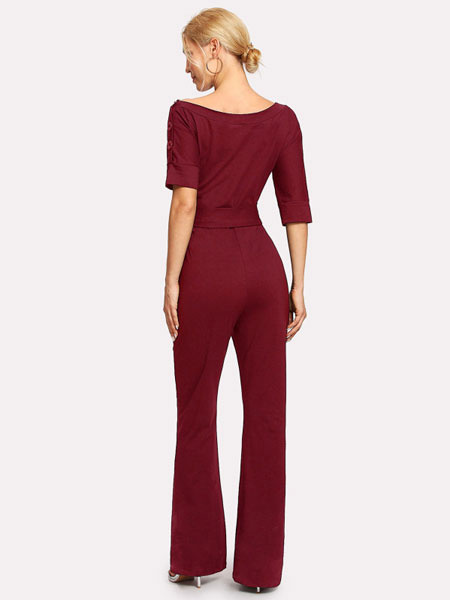 Women Casual Jumpsuit Half Sleeve Bateau Neck Knotted Straight Leg Jumpsuit - Image 3