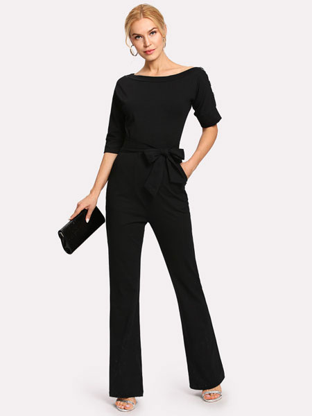 Women Casual Jumpsuit Half Sleeve Bateau Neck Knotted Straight Leg Jumpsuit - Image 4